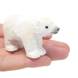 White Polar Bear - Small 2&quot; Wooden Figurine - Arctic North Pole Snow Antarctica Carving Hand-Made Decoration Miniature Animals Woodwork
