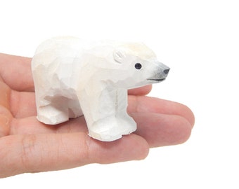 White Polar Bear - Small 2" Wooden Figurine - Arctic North Pole Snow Antarctica Carving Hand-Made Decoration Miniature Animals Woodwork