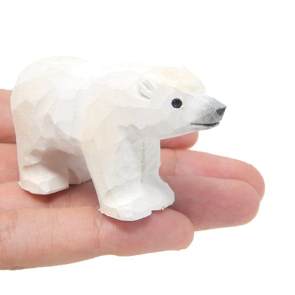 White Polar Bear - Small 2" Wooden Figurine - Arctic North Pole Snow Antarctica Carving Hand-Made Decoration Miniature Animals Woodwork