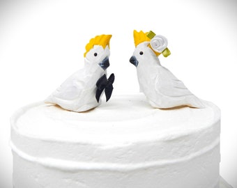 Cockatoo Wedding Cake Topper Love Bird Bride & Groom Engagement Anniversary Carved Wood Statue