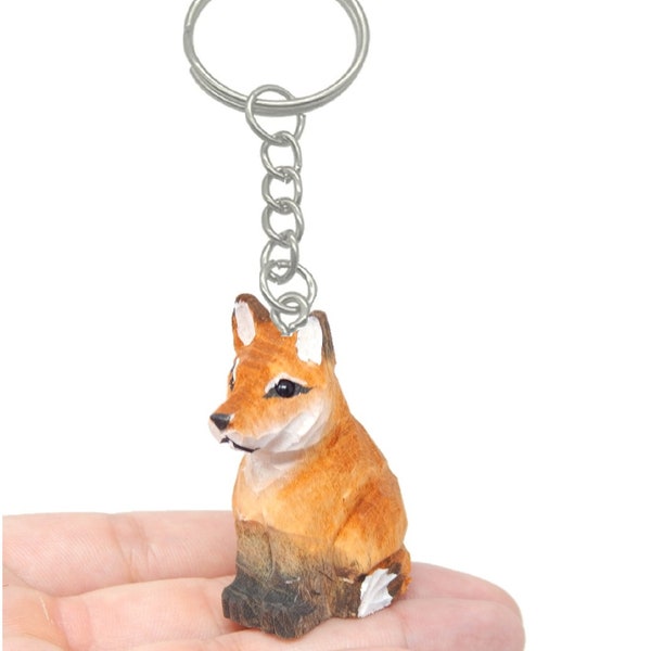 Red Fox Keychain Ring Clip Charm Miniature Wood Mini Figurine Small Animal