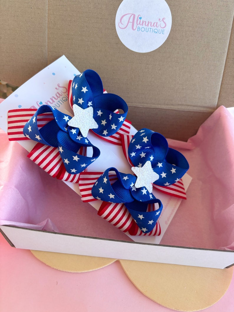 4 juli-pälsrosor, patriotiska rosetter, röd-vit och blå rosett, rosett för minnesdagen, hårrosetter till 4 juli, patriotiska accessoarer redo att skickas bild 3