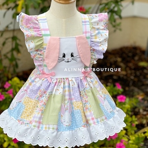 Easter Bunny Dress for Toddler Girl, Pastel Easter Dress, Handmade Spring Outfit for Girls, Embroidered Bunny face