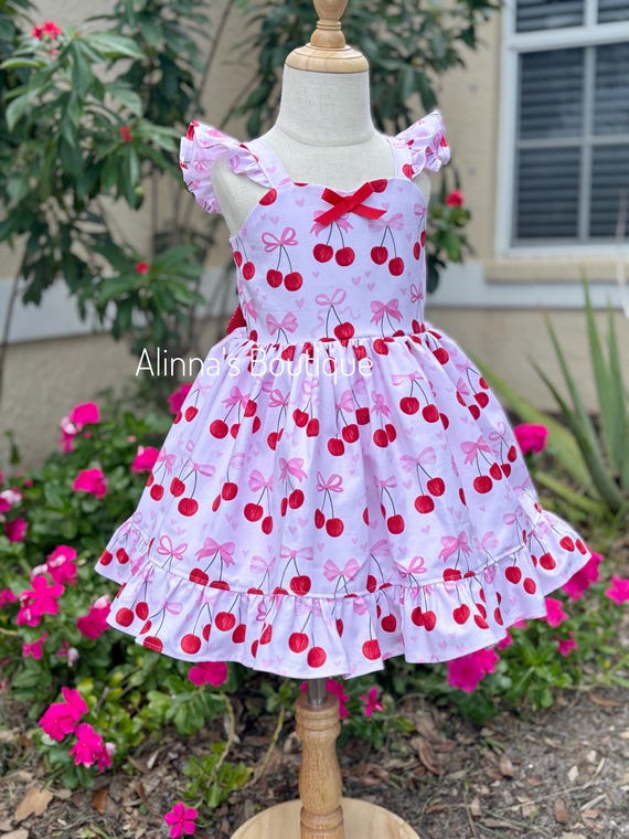 Cherry dress for girl, pink dress with cherries print, summer dress for toddlers, Cherry birthday party, one berry birthday, picnic outfit