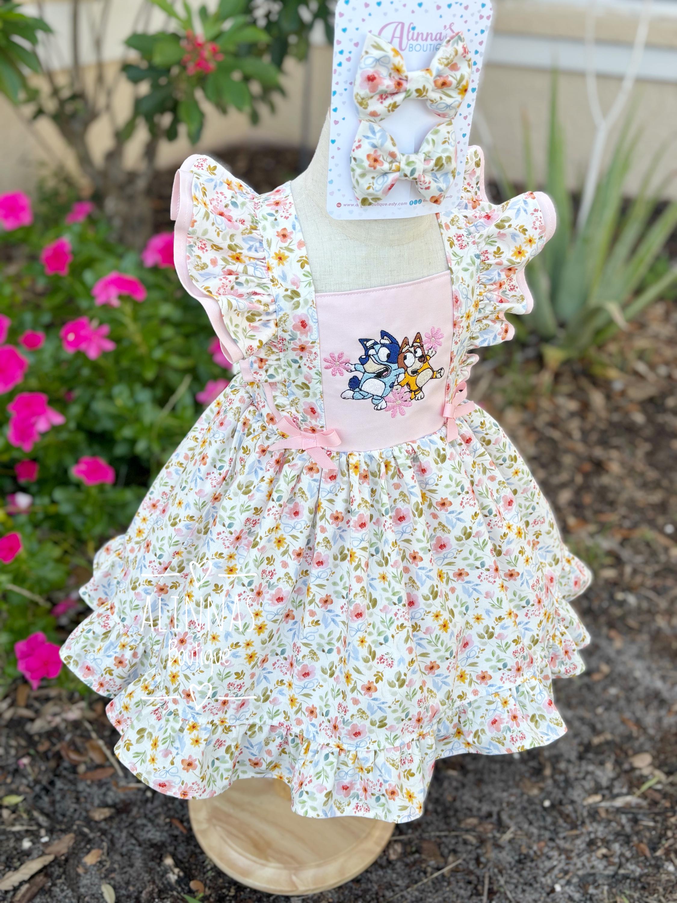 Blue dog inspired dress girl,bluey inspired dress for toddler,cartoon dress,birthday dress for toddler,blue dog birthday outfit