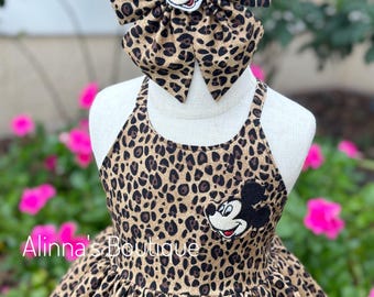 Outfit im Stil des Tierreichs, Safarikleid, Mickey-Mädchenkleid, Kleid mit Gepardenmuster, von Disney inspiriertes Kleid