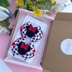 Minnie Inspired hair bows ,, Mouse pigtail bows , cartoon inspired bows, Mouse red bow