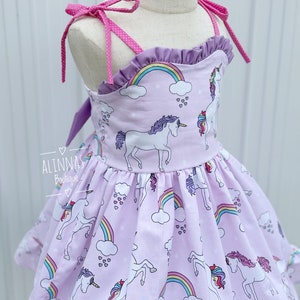 Unicorn-inspired dress for birthday party, homemade dress for girls, rainbow toddler dress, cotton dresses for birthday