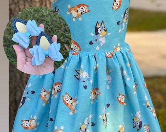 Fille de robe inspirée du chien bleu, robe inspirée bluey pour tout-petit, robe de dessin animé, robe d’anniversaire pour tout-petit, tenue d’anniversaire de chien bleu