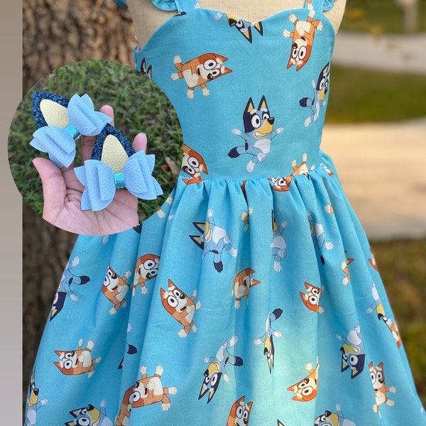 Blue dog inspired dress girl,bluey inspired dress for toddler,cartoon dress,birthday dress for toddler,blue dog birthday outfit