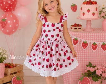 Strawberry Dress for Girls, Pink Strawberry print Dress, Toddler Summer Dress, Strawberry Birthday Outfit, One Berry First Birthday Dress
