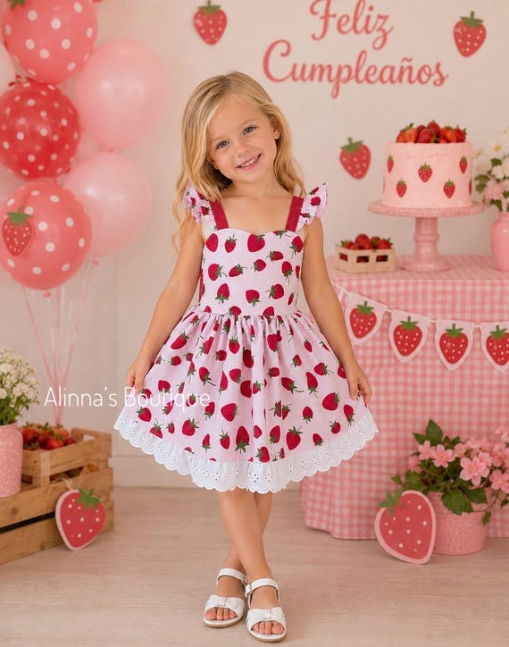 Strawberry Dress for Girls, Pink Strawberry print Dress, Toddler Summer Dress, Strawberry Birthday Outfit, One Berry First Birthday Dress