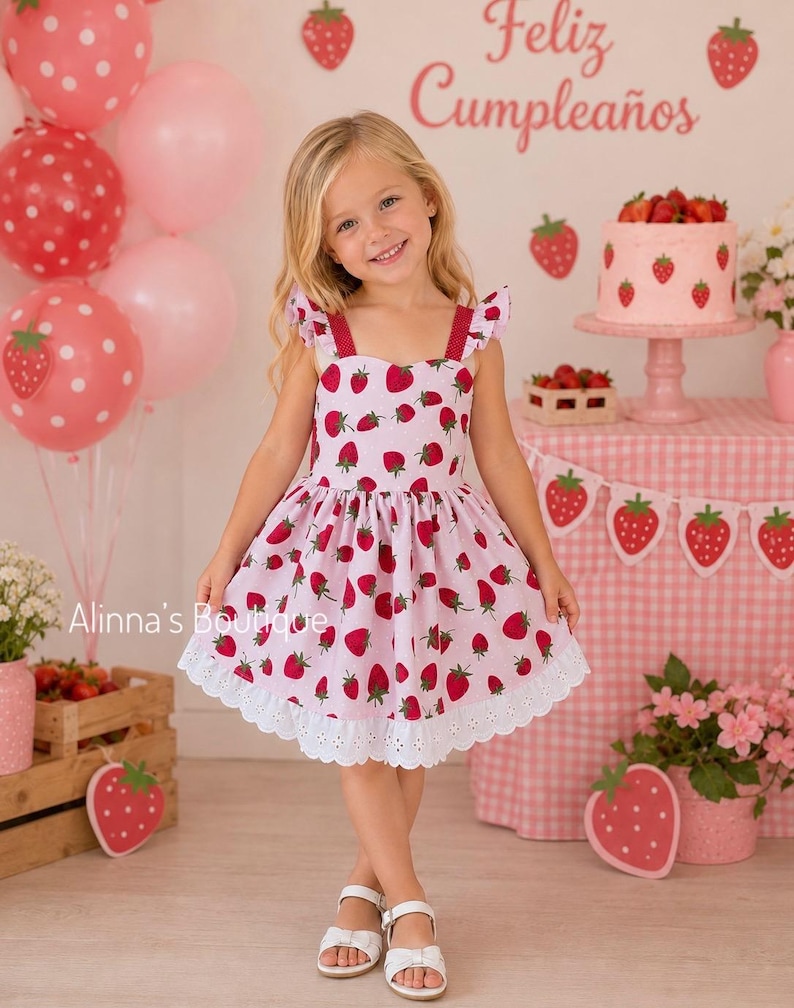 May include: A young girl in a pink strawberry-print dress with white sandals smiles at the camera. The dress has red straps and a white eyelet lace hem. Balloons, a cake, and decorations with strawberries and the text "Feliz Cumplea&ntilde;os" are in the background.