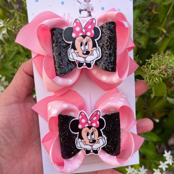 Character inspired hair bows, Mouse bows set, Minnie pig tail bows, pink piggy bows, girl Birthday Outfit