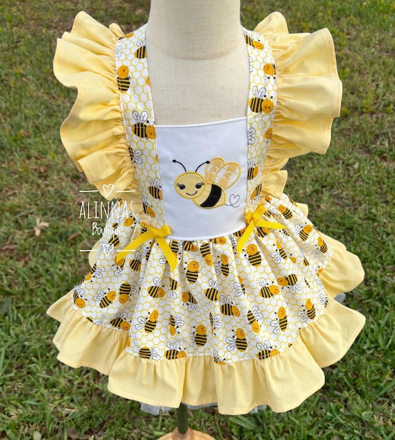 embroidered bridal dress Sweet Bumble Bee Toddler Girl Dress with Embroidery, First Birthday Outfit, Summer Picnic Ruffle Dress, Yellow and White party Gown