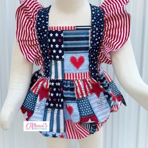 Patriotisk 4 juli-sparkdräkt för babyflicka med rosett, vintage-outfit med amerikansk flagga och minnesdagsmotiv, röd, vit och blå kostym med födelsedagsstjärnor