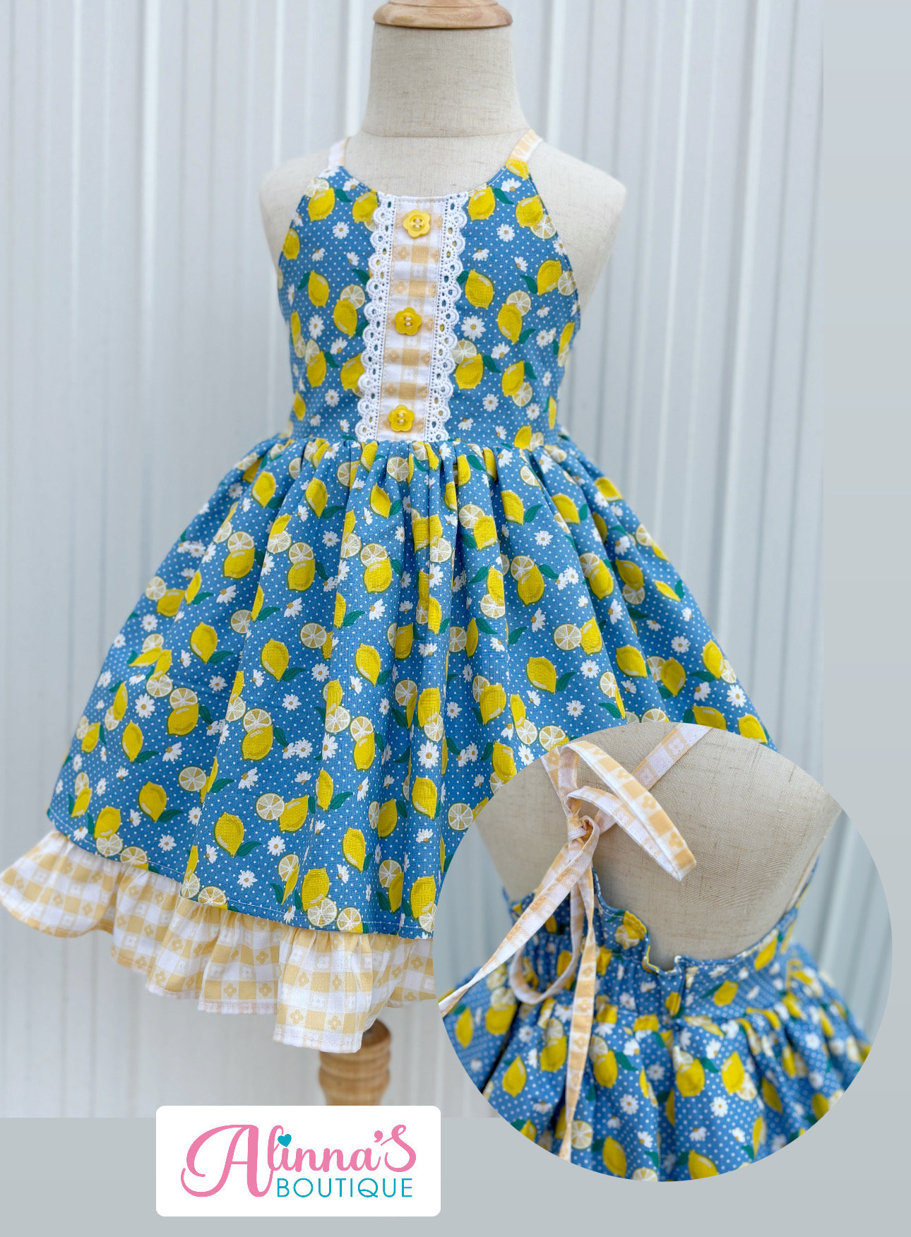 blue and yellow lemon dress Darlene Off-Shoulder Vintage Dress in Blue/Yellow Lemon Print