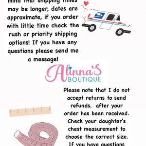May include: Image with text: "The busy season has begun..." and "Alinna's Boutique." Includes a drawing of a mail truck, a ruler, and a measuring tape. Text advises customers about shipping times and returns.