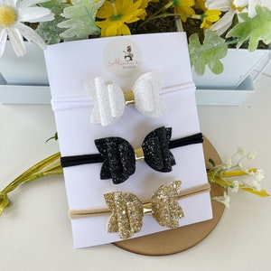 Glitter white bow, glitter baby bows, black baby bow, gold baby bow, baby headband