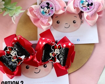 Minnie Inspired hair bows ,, Mouse pigtail bows , cartoon inspired bows, Mouse red bow