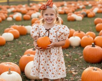 Pumpkin Patch Fall Dress for Girls | Toddler Autumn Outfit | Baby Girl Cotton Dress with Bow | Halloween Birthday Outfit, fall girl dress