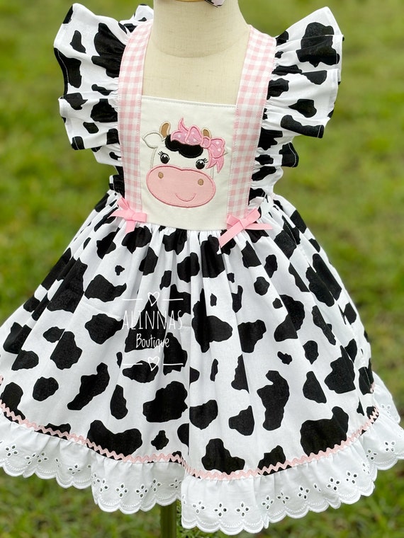 black and white cow print dress toddler dress, toddler cow costume outfit, farm dress, cowgirl dress, farm outfit, cow for toddler, embroidered cow dress length Dress is never Hull Showpo harleen mini dress Knobs:Matte Black