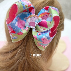 cartoon pig hair bow, character hair bows, 5” pink boutique bow, boutique bow, jumbo bow
