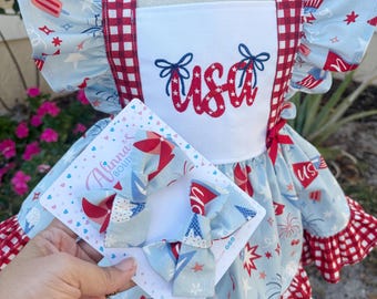 USA baby girl outfit, patriotic romper set, 4th of July baby outfit, embroidered USA bloomer set, red white blue baby girl outfit