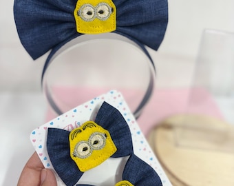 MINIONS Inspired Headband for Girls, Yellow Blue Bow Headband, Birthday Hair Accessory, Universal Trip Bow, Cartoon Inspired Ears, Handmade
