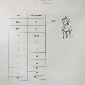 May include: A size chart for children's clothing with chest measurements in inches. The chart shows sizes from 12 months to 10 years old.