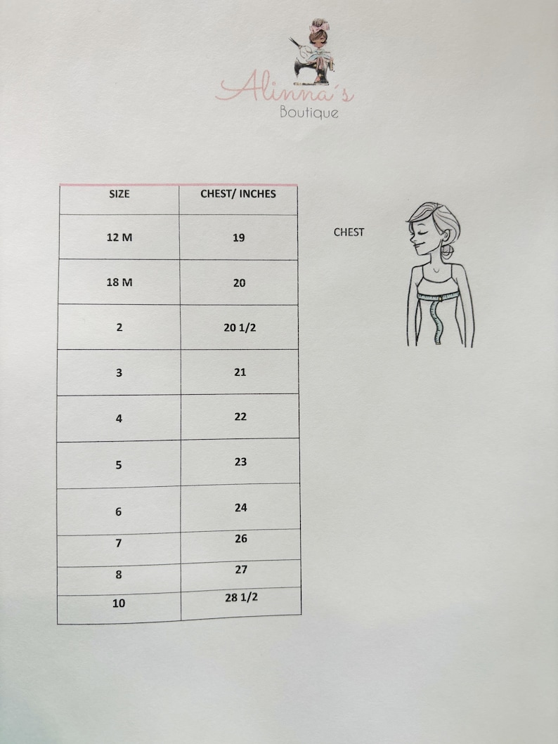 May include: A size chart for children's clothing with chest measurements in inches. The chart shows sizes from 12 months to 10 years old.