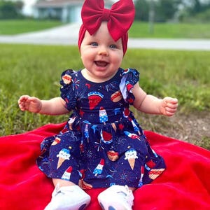 Red baby bow, red baby headwrap, patriotic headwrap bow, blue baby headband, 5&#39;-inch bow for baby