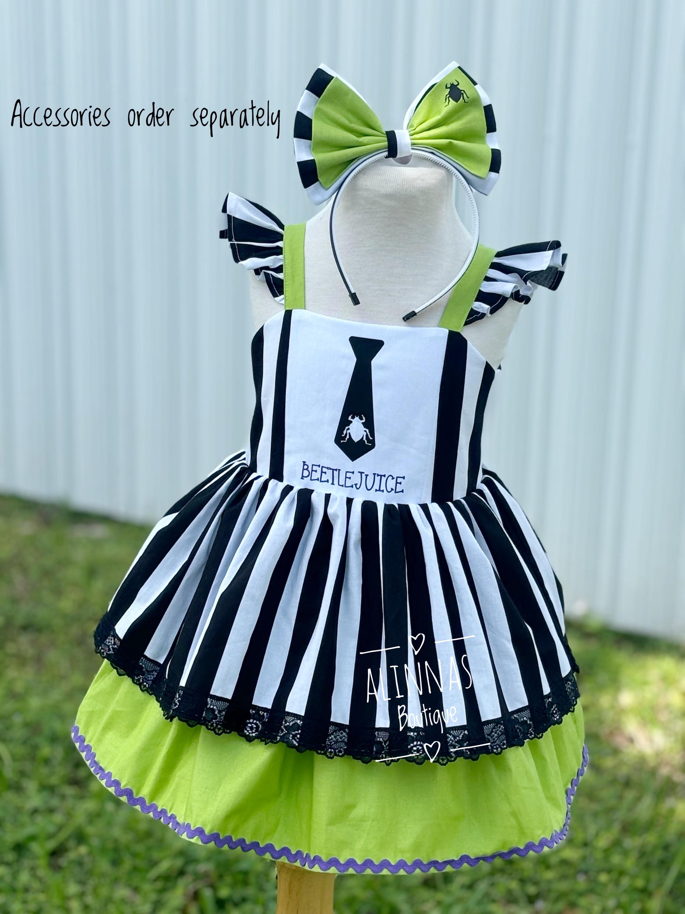 Beetlejuice Inspired Girl Dress – Toddler Halloween Costume, Black & White Striped Dress, Handmade Boutique Outfit for Girls