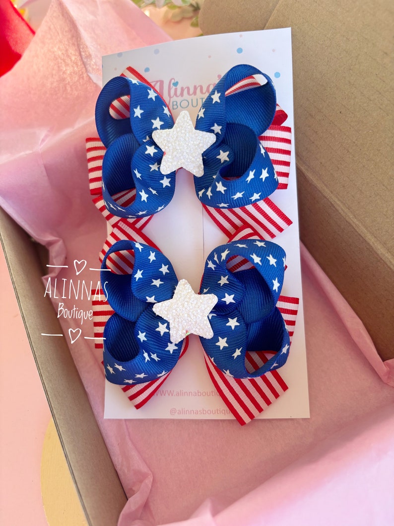 4 juli-pälsrosor, patriotiska rosetter, röd-vit och blå rosett, rosett för minnesdagen, hårrosetter till 4 juli, patriotiska accessoarer redo att skickas bild 2