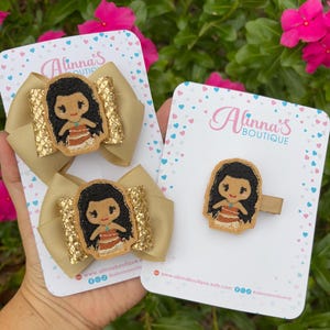 Princess Inspired hair bows, baby Moana pigtail bows for birthday party, cartoon inspired bows, princesses' hair clips, character bows,