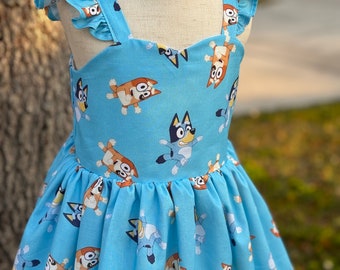Blue dog inspired dress girl,bluey inspired dress for toddler,cartoon dress,birthday dress for toddler,blue dog birthday outfit