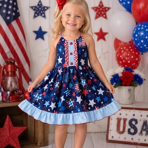 Flickklänning med patriotiska stjärnor, klänning med 4 juli-motiv, klänning med 4 juli-motiv, patriotisk flicka, klänning med amerikanska flickor