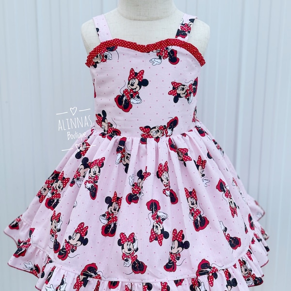 Mouse inspired dress for girl, homemade toddler dress, birthday dress, cotton dresses for girls, minnie print dress