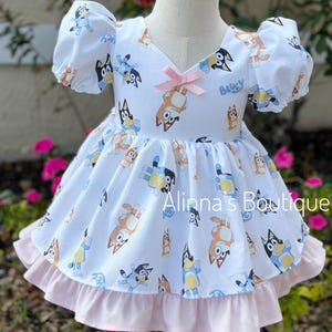 Blue dog inspired dress girl,bluey inspired dress for toddler ,cartoon dress ,birthday dress for toddler, blue dog birthday outfit