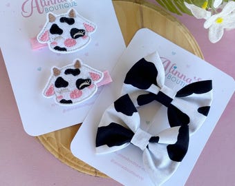 Cow Print Baby Hair Bows, Farm Birthday Outfit Accessories, Pigtail Bows for Girls, Farm Theme Party, Cowgirl Baby Bows
