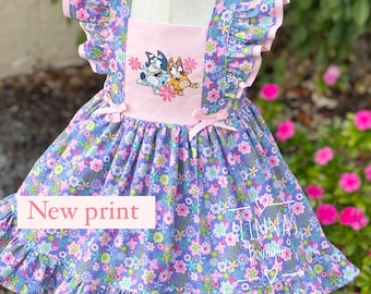 Blue dog inspired dress girl,bluey inspired dress for toddler,cartoon dress,birthday dress for toddler,blue dog birthday outfit