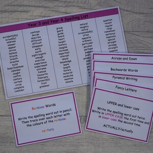 May include: A set of colourful flashcards with spelling words for year three and four pupils. The cards include words like "accidentally", "continue", "describe", "group", "guard", "natural", "naughty", "notice", "question", "recent", "regular", "reign", "remember", "sentence", "separate", "special", "straight", "strange", "strength", "suppose", "across and down", "backwards words", "pyramid writing", "fancy letters", "rainbow words", "write the spelling word out in pencil", "then trace over each letter with the colours of the rainbow", "century", "upper and lower case", "write the spelling word out twice", "write in upper case the first time and in lower case the second time", "actually/actually".