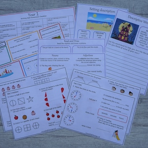 May include: A set of printable worksheets for Year 1 students. The worksheets cover a variety of topics, including writing, reading, maths, and time. The worksheets are designed to help students develop their literacy and numeracy skills.