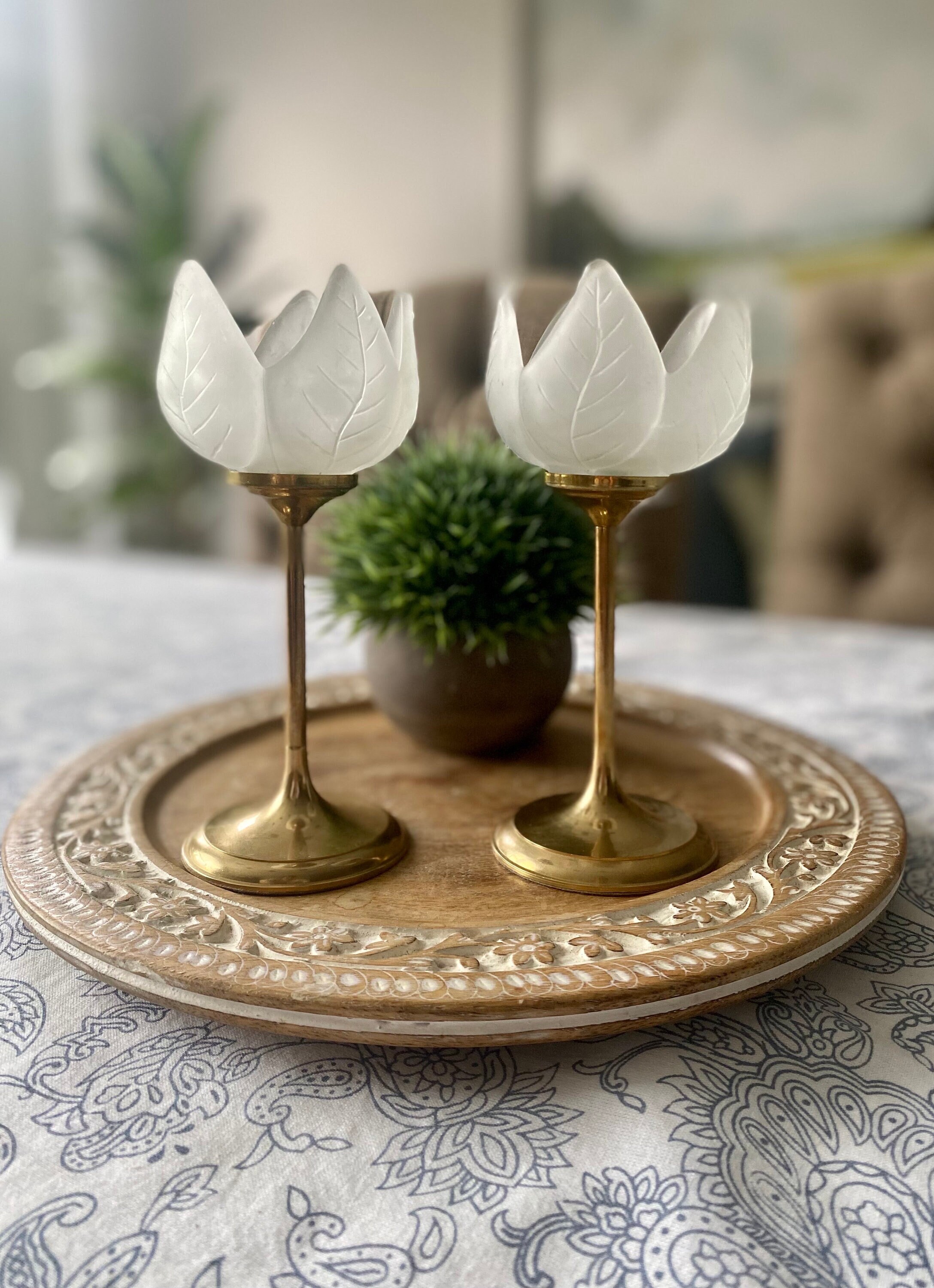 Pair of Frosted Glass and Brass Tulip Candle Holders Etsy