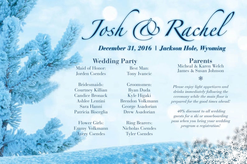 Pode incluir: Um convite de casamento com um fundo invernal que apresenta uma &aacute;rvore de pinho coberta de neve. O convite &eacute; para o casamento de Josh e Rachel em 31 de dezembro de 2016 em Jackson Hole, Wyoming. O convite inclui detalhes sobre a festa de casamento, os pais e um desconto de 40% para os convidados do casamento em passes de esqui ou snowboard.
