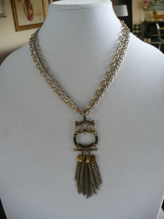 Items similar to Owl pendant necklace, Triple chain short necklace ...