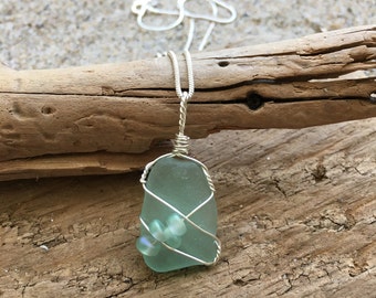 Genuine seafoam green beaded sea glass pendant necklace - double X, Genuine Sea Glass, Aqua-Green Pendant Necklace with Matching Glass Beads