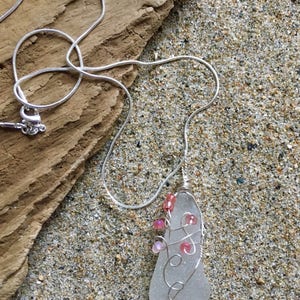 Genuine White Sea Glass Pendant Necklace with Pink Glass Beads image 2