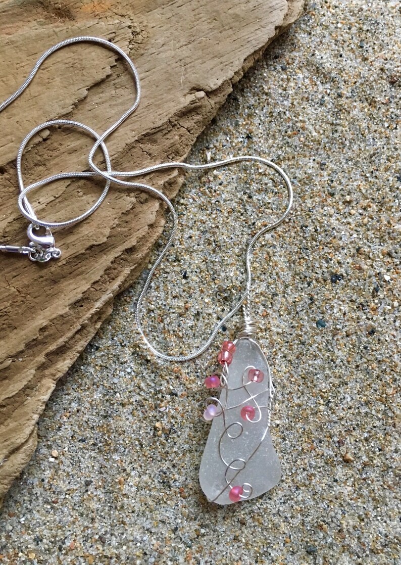 Genuine White Sea Glass Pendant Necklace with Pink Glass Beads image 2