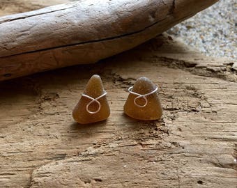 Genuine Dark Brown Sea Glass Post Earrings, Sea Glass Earrings, Sea Glass Jewelry, Gift for Her, Stud Earrings, Wedding, Handmade, Unique